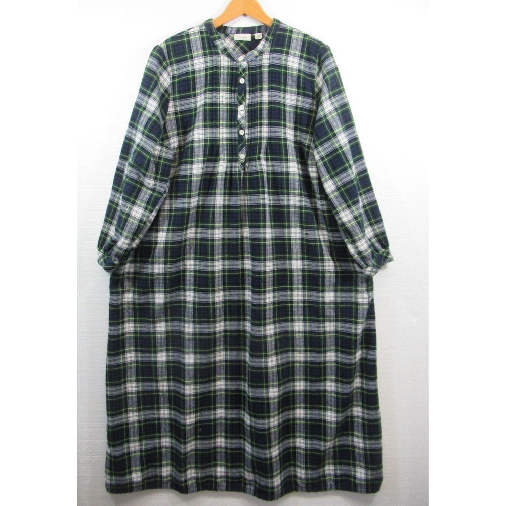 LL Bean Scotch Plaid Flannel Nightgown Women Plus Size 1X Pockets Pleated 503281